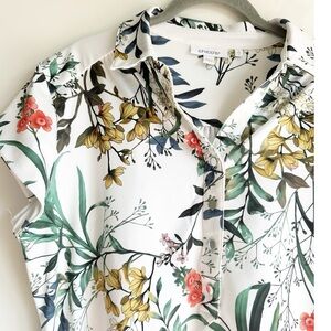 Chicos Botanical Print Blouse Short Sleeve Polo Collar Button Floral White Large